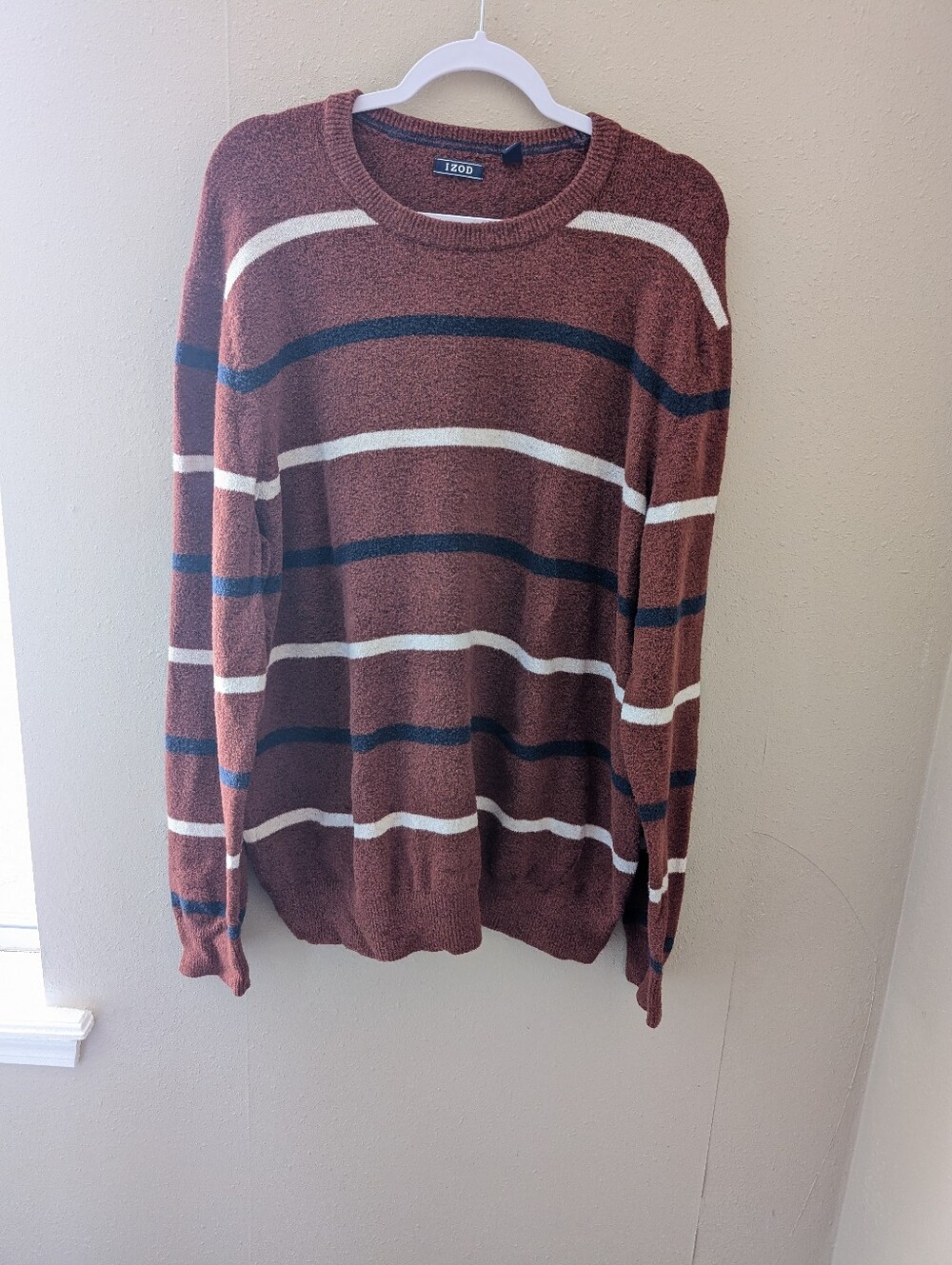 Izod Rust Crewneck Sweater with Navy and White Stripes